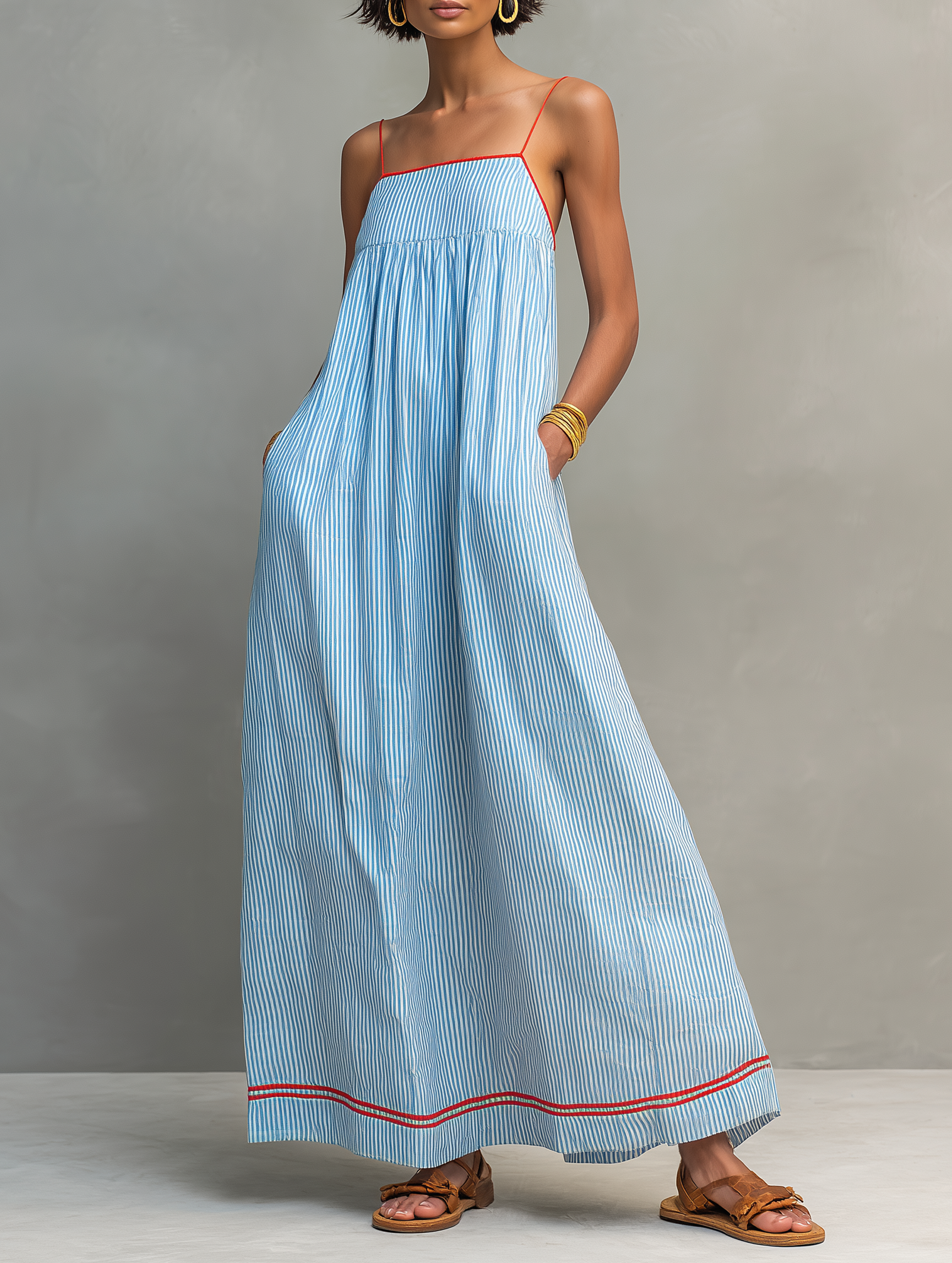 Women's Minimalist Striped Maxi Dress With Red Trim And Spaghetti Stra – Modesees